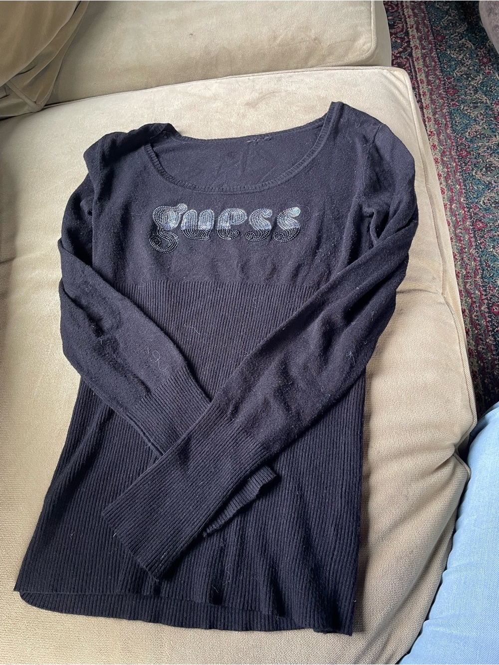 GUESS Black Long-Sleeve Ribbed Logo Top